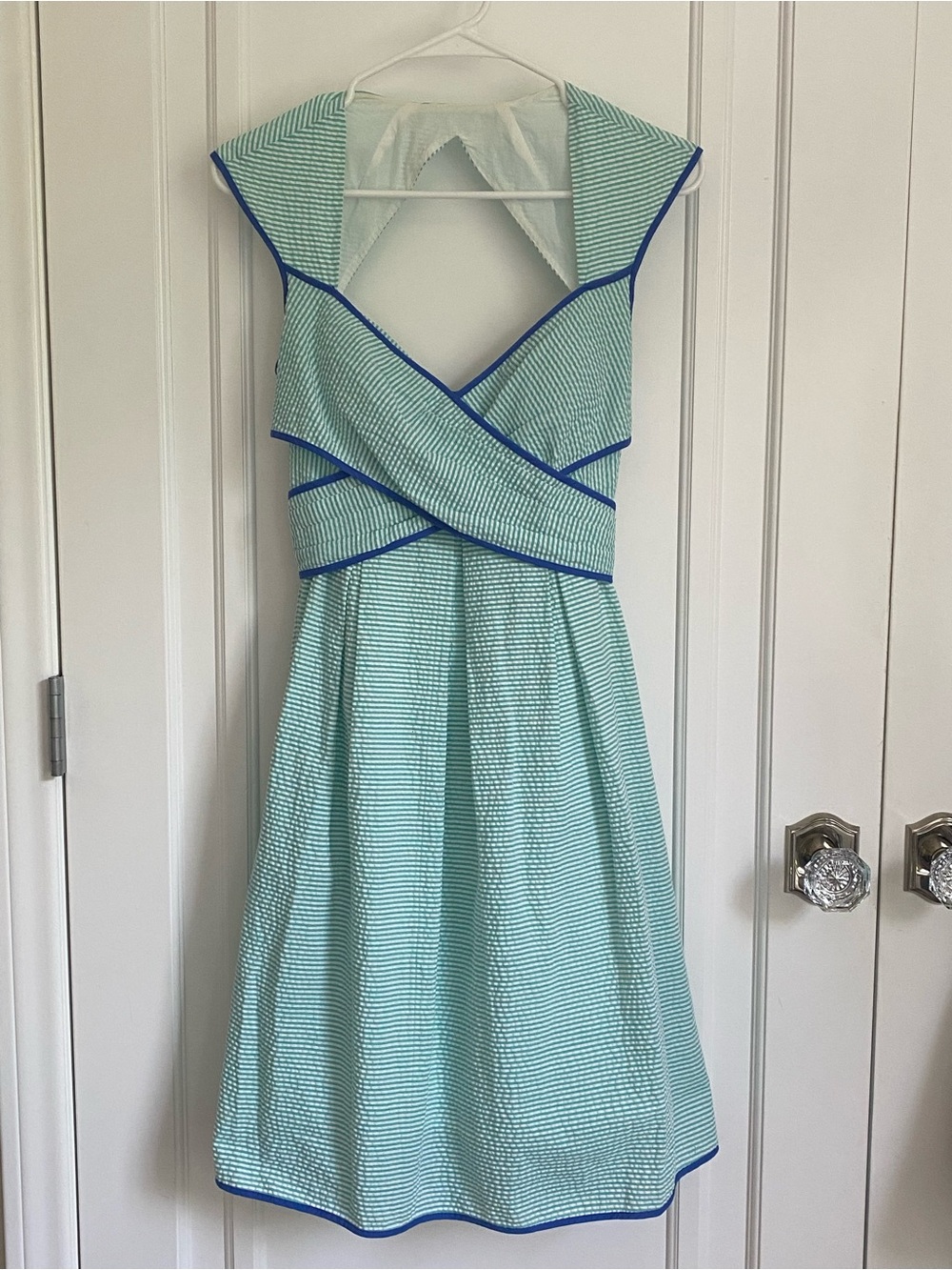 Teal Green Striped Fit-and-Flare Dress with Blue Trim